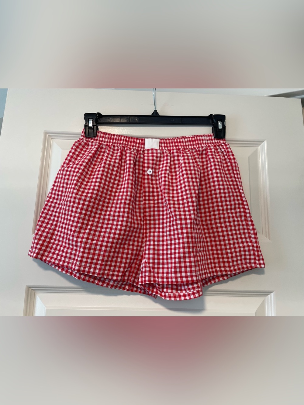 Red and White Gingham Boxer Shorts w/ Elastic Waist Casual Mini Checkered Picnic